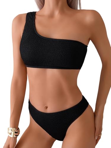 BYINDED Traje de baño sexy de dos piezas con un hombro y cintura media acanalada para mujer, Negro -, M