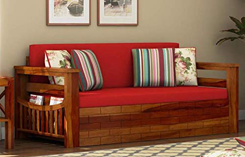 Image of Douceur Furnitures Sheesham Solid Wood Semi-Upholostered Sofa Cum Bed Set with Storage with Cushions for Home /Office & Living Room|Finish- Honey|3-Person Sofa