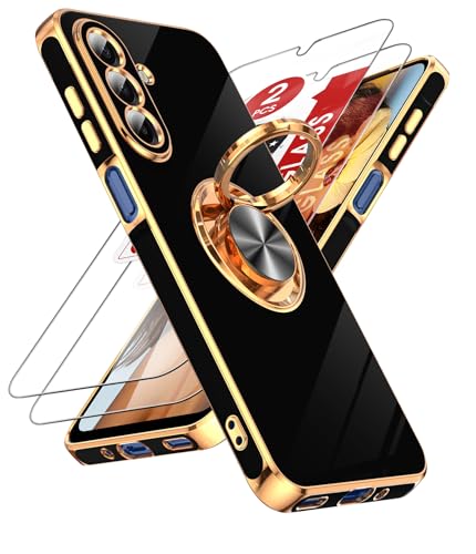 LeYi for Galaxy A17-5G Phone Case: 2 Pack Tempered Glass Screen Protector and 360° Rotatable Ring Holder Magnetic Kickstand, Plating Rose Gold Edge para Samsung A 17 17A 5G, Black