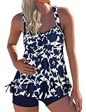 Hilor Women's Retro Drawstring Ruched Halter Floral Tankini Set Two Piece Swimsuit Navy Floral 20