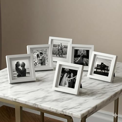 Image of Stuthi Arts Premium 4x4 Inch (10x10 cm) Table Top Photo Frame, Set of 6, Elegant Desk Decor Set, Gallery, MDF with Glass Front (White, 4x4 inch)