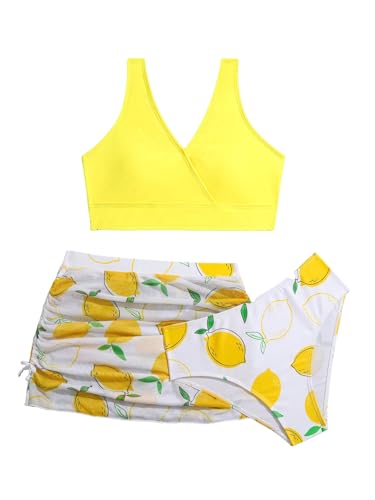 Girl's Swimsuits 3 Piece Lemon Print Sleeveless Bathing Suits with Ruched Cover Ups Skirt