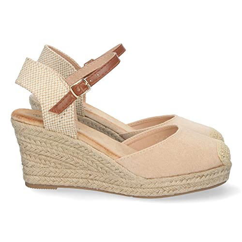 shoes&blues.es 65199-Sandalia de Cuna para Mujer, Forrada de Yute, con Pala Cerrada, y Cierre de Hebilla, Primavera Verano 2022. Talla 39 Beige