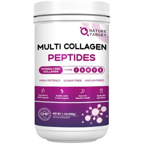 NATURE TARGET Multi Collagen Peptides Powder - Type I, II, III, V, X - Hydrolyzed Collagen Peptides with Vitamin C Hyaluronic Acid, Supports Skin Hair Nail & Joint, Grass-Fed, Non-GMO, 50 Servings Cover