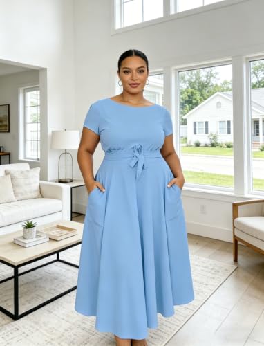 Image of Hostoyo Women Plus Size Formal A Line Maxi Dress Self Tie Waist with Pockets Elegant Round Neck Swing Long Dresses