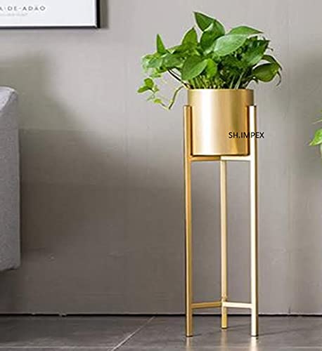 SH IMPEX Modern Iron Metal Tall Plant Stand with Pot | Indoor Outdoor Plant with Stand/Pot Stand with Planter, Gold, 1 Piece