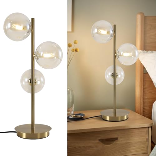 Image of Gold Globe Bedside Lamp, 3 Lights Mid Century Modern Table Lamp, Contemporary Cognac Glass Globe Readin Lamp for Bedroom Living Room Study Room