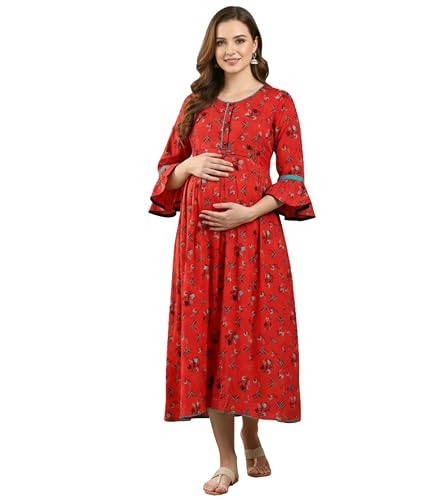 Image of DUMMY SHAPE Feeding Kurtis for Women Cotton Rayon | Floral Pregnancy Anarkali Kurta with Dual Nursing Zippers to Pre & Post Partum | Maternity Dresses | Gifts for Pregnant Woman