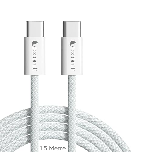Image of coconut C32 1.5M Type C to Type C Fast Charging Cable 60w - Nylon Braided, USB C Cable, 3A PD Fast Charger Wire, USB Type C Data Cable for Samsung, Mi, OnePlus, iPad & C Type Devices (White)