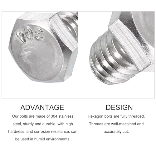 Image of METALLIXITY Hex Head Bolts (1 /4-20 x 3 /8 inch) 30Pcs, 304 Stainless Steel 18-8, Fully Threaded, External Hex Drive, Plain Finish, Hex Head Screw Bolt, Silver