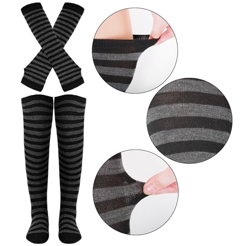 Image of Tongcloud Women's Striped Knee High Socks, Over Knee Thigh High Socks, Arm Warmer and Fingerless Gloves Set