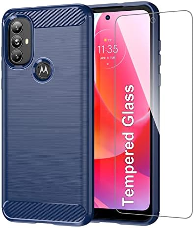 GSDCB Case for Motorola Moto G Power 2022 Case with Tempered Glass Screen Protector, Carbon Fiber Brushed Texture Soft Flexible TPU Slim Fit Shockproof Phone Cover for Women Men Girls Boys (Navy Blue)