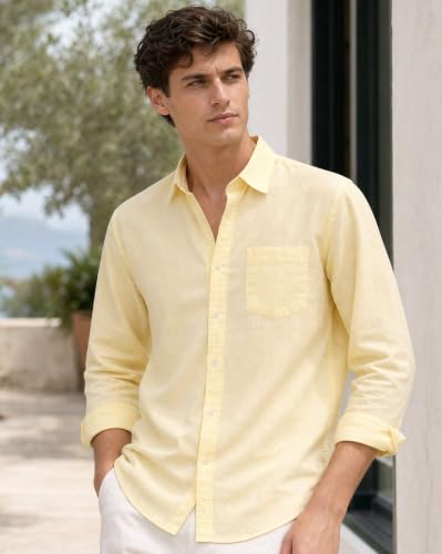 Image of Nobero Breezy Premium Linen Cotton Shirt for Men | Stylish Casual Shirts for Men | Semi Cut Collar | Box Pleat | Curved Hem | Regular Fit | Full Sleeve | S-XXXL