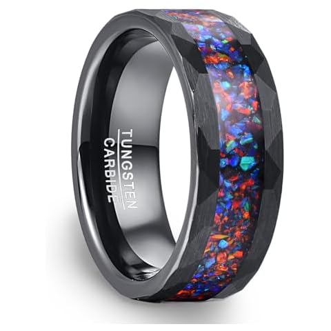 NUNCAD Mens Wedding Ring Black with Opal Inlaid 8mm Engagement Band Tungsten Carbid Ring Hammered Matte Finish Comfort Fit Sizes 11 Cover