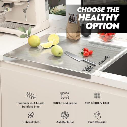Image of HOMIFLY 304 Stainless Steel Chopping Board for Kitchen /Countertop Non-Slip Cutting Board /Food-Grade & Double-Sided Kitchen Chopper for Vegetable, Fruit, Bread, Meat & Kneading Dough (Small)