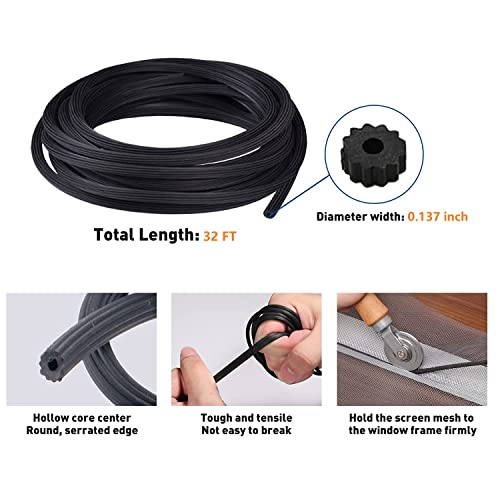 Screen Repair Kit, Screen Tool With Rolling Tool, Screen Spline(32 Ft), Screen Installer Clips(8 Pcs), Spline Removal Hook, Screen Repair Tool For Installing Door Screen Window #TOP4