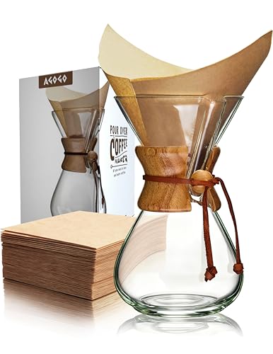 AGOGO Pour Over Coffee Maker Glass with 50pcs Paper Filters -for Home, Office, Camping, Cafes - Easy Clean Coffee Dripper Set (Soft Towel&Brush)(34oz Classic w/Paper Filters)