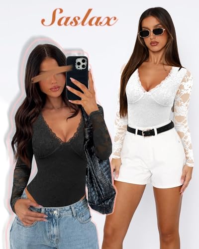 image for Saslax Women's Lace Bodysuit Sexy Deep V Neck Long Sleeve Body Suits S