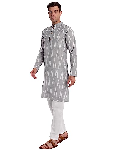 Image of SKAVIJ Men's Pure Cotton Printed Kurta Pajama Set Ikat Design Casual Ethnic Dress