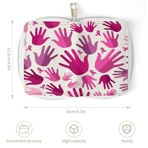 Women Leather Coin wallet, Key Change Organizer Zipper Card Holder Purse Clutch Pouch Pocket 4.5x3.15 in Print Breast Cancer Awareness Pink Ribbons3