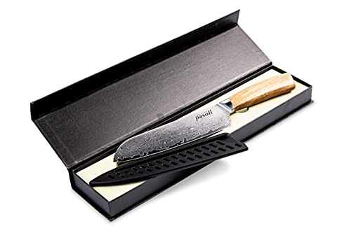 pasoli Cuchillo japonés de damasco con funda de hoja, 67 capas de acero de Damasco VG-10, hoja afilada de 18 cm, mango de madera noble, cuchillo de cocina ideal (Santoku Cover