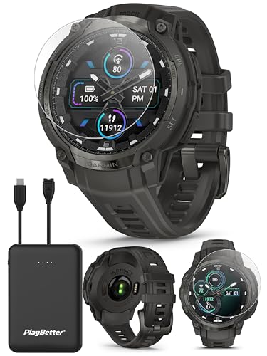 Image of PlayBetter Garmin Instinct Crossover AMOLED (Charcoal) Rugged Outdoor GPS Smartwatch Bundle - Analog Display, Built-in Flashlight, 14 Days Battery Portable Charger & HD Screen Protectors