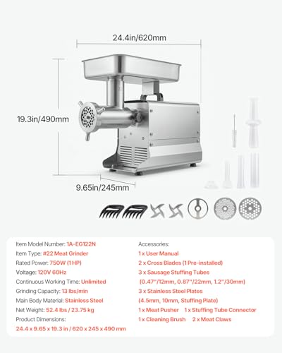 Image of VEVOR Commercial Meat Grinder, 13 Lbs /Min Capacity, #22 Electric Meat Mincer with 3 Plates, 3 Sausage Stuffing Tubes, 750W /1HP Stainless Steel Sausage Maker for Home Kitchen & Restaurants, ETL Listed