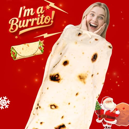CASOFU Burrito Tortilla Throw Blanket 71 inches for Adult Kids, Novelty Tortilla Wrap Blanket Funny Gifts for Women Men Teens, 285GSM Soft Flannel Taco Blanket Birthday Gifts for Boys Girls(Beige)
