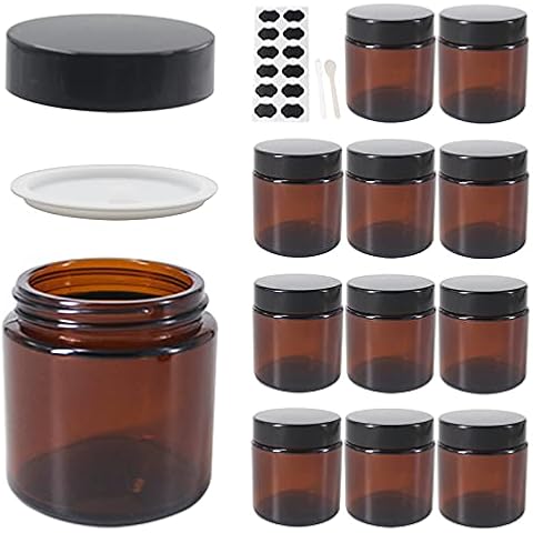 BPFY 12 Pack 4 oz Round Amber Glass Cosmetic Jars with Inner Liners, Black Lids, Spatula, Chalk Labels, Pen, Candle Holder, Refillable Containers for Makeup, Cream, Sugar Scrubs, Bath Salts, Amber 4oz Cover