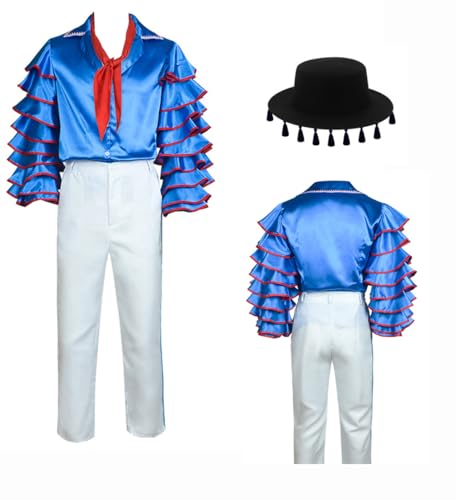 Qseownd Men Jim Carrey Cosplay Stanley Blue Shirt Pants with Hat Mask Jim Costume Outsuit 4Pcs for Halloween Party (Blue, X-Large)
