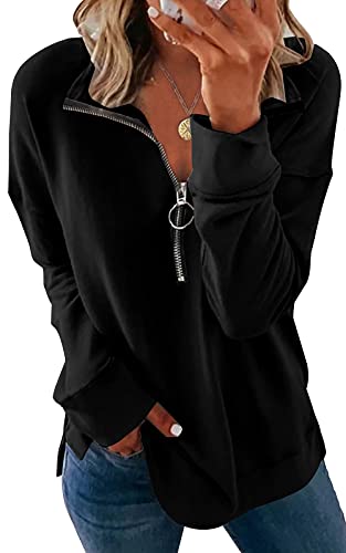 PRETTYGARDEN Women Causal 1 4 Zip Pullover Long Sleeve Collar Sweatshirts Solid Activewear Tunic Top (Black, Large)