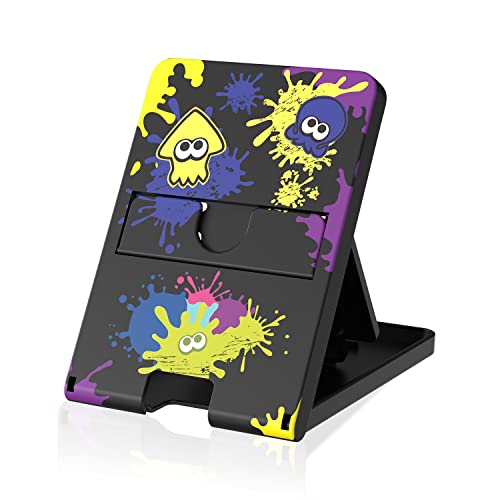 Busjoy スタンド Nintendo Switch OLED Lite iPhone 15 Steam Deck用 - スプラトゥーン3用のかわいいゲームテーマ ポータブル折りたたみ式アングルホルダー 滑り止めブラケット - ブラック