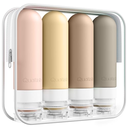 Image of Quatish Travel Bottles for Toiletries, Original Patented Leak Proof Travel Size Containers, 3 oz Tsa Approved Silicone Shampoo and Conditioner Bottles, 4 Pack, Brown