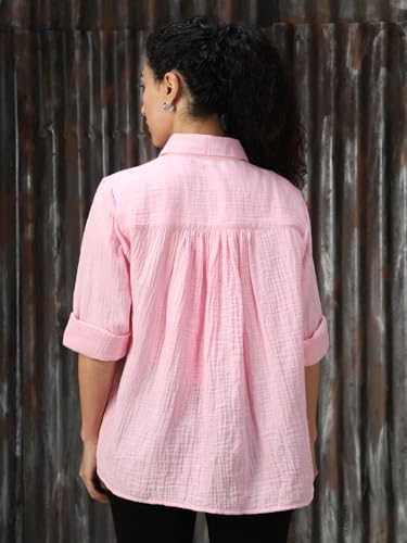 Image of High Star Women Cotton Solid Oversized Fit Casual Collar Full Sleeves Shirts