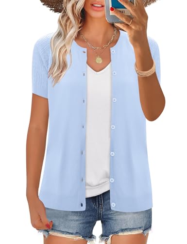 Image of FreshNight Women's 2025 Short Sleeve Cardigan Button Up Hollowed Out Crewneck Shrug Sweaters Knit Sweater Tops Lightweight