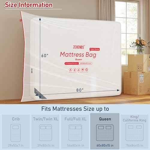 Image of ZCHENBS - 2 PK Queen Mattress Bags for Moving, Waterproof Mattress Storage Bag with Zipper, 5 Mil Thick Heavy-Duty Bed Protector Cover for Moving, Reusable (Transparent /Red, 2 Pack)