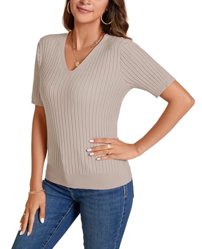 Image of Women Summer Knit Shirt Blouse V Neck Short Sleeve Pullover Sweater Tops