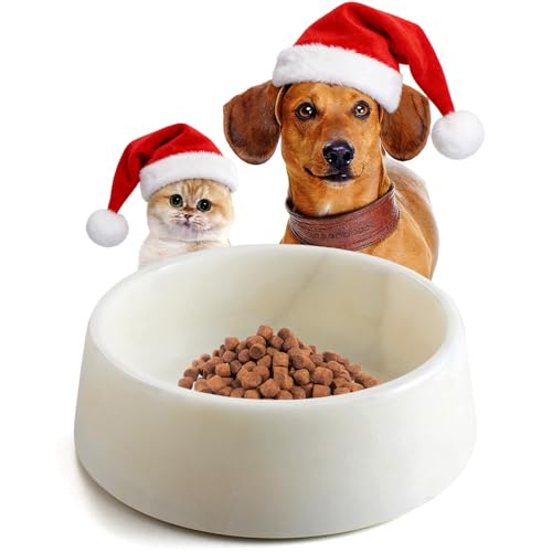 SAMAH White Marble Dog Bowl, Non-Slip Dog Food Water Bowl, Small Weighted Stone Dish, Natural Marble Heavy Pet Bowl, Easy to Clean, Gifts for Cat Lovers, Perfect Cat Dog Gifts, Holds 4 Cups(5 lbs)