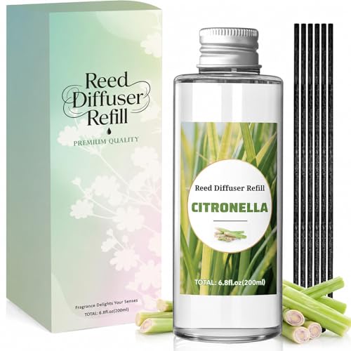 Scent-Hi Citronella Reed Diffuser Refill 200ml - Natural Citronella Essential Oil with 6 Reed Sticks Long-Lasting Home Fragrance Refill for Bathroom Kitchen Hallway Living Room