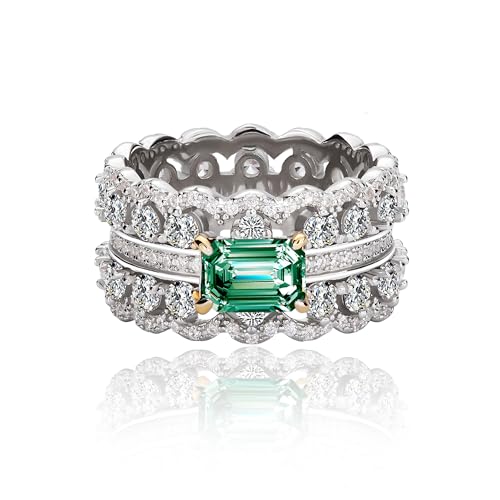1 Carat Emerald Cut Peacock Blue/Red/Emerald/Champagne Moissanite Women's Wedding Band, 925 Sterling Silver Plated 18K White Gold Deluxe Full Moissanite Set Eternity Ring