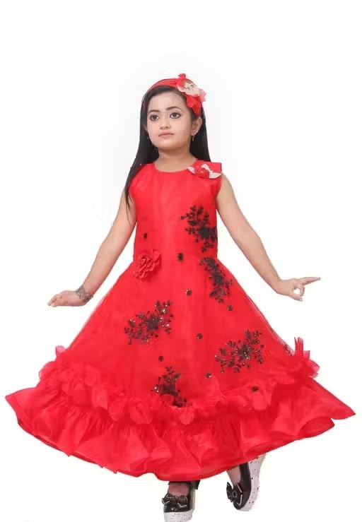 Image of Elegant Petal Flair Embroidered Party Frock for Girls
