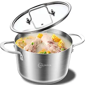 LOLYKITCH Tri-Ply Stainless Steel Stockpot with Tempered Glass Lid, Ergonomic Handel, Compatible with All