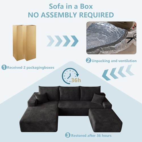 Image of 95 inch Boneless Cloud Couch Sectional Couches Sofa for Living Room | Modular U-Shaped Couch, Comfy Modern Corduroy Memory Foam Sofas with Ottoman, Oversized Chaise (Black, Left-Facing Chaise)