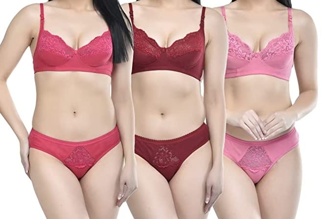 SHINOWHITE Non Padded Honeymoon Bra Panty Set for Women’s & Girls Combo Multicolored (Pack of 3)