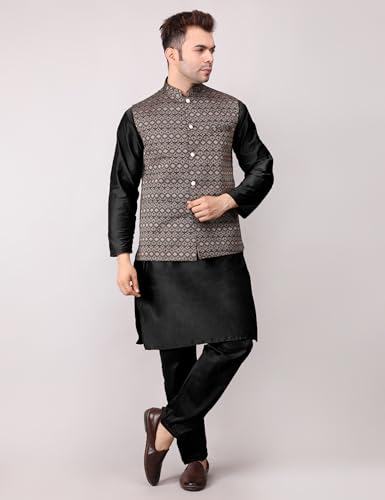 Image of Men's Cotton Silk Blend Regular Kurta Pyjama, Embroidered Nehru Jacket /Waistcoat Set