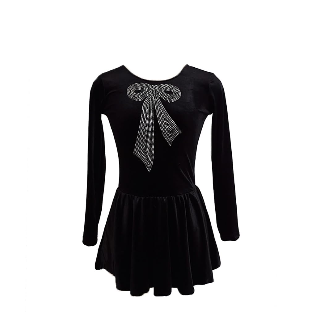 Girl’s Velour Ice Skating Dress Rhinestones with Bow Pattern Dance Leotard Performance Costumes Ballerina Outfits (Black,X-Small)