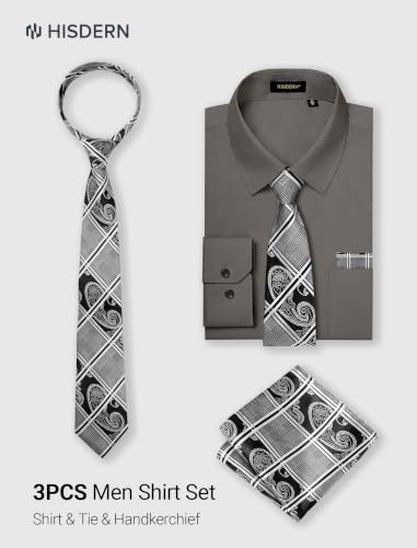 Image of HISDERN Mens Dress Shirt with Tie Pocket Square Set Classic Button Down Shirt Matching Tie Long Sleeve Shirts