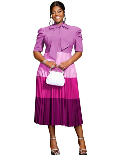 AOMEI Women's Colorblock Bowtie Neck Half Sleeve Pleated A-Line Midi Dress