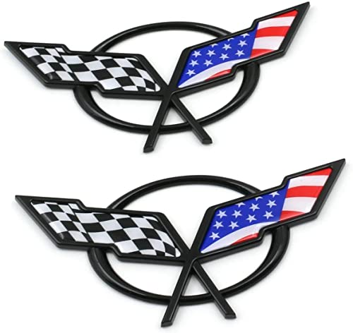 Image of Front Nose Cross Flags Emblem Car Badge Replacement for 97-04 Corvette C5 Chevrolet Decal 19207384 19207385 (Front - w /Alignment Pins) (US Flag-Black /Blue)