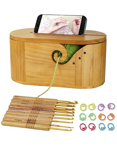 COMODID Large Oval Wooden Yarn Bowl for crocheting Handmade Yarn Holder Storage for Knitting Anti-tangle crochet organizer Set with Knitting Accessories Gifts for Crocheters Knitters Mothers Christmas